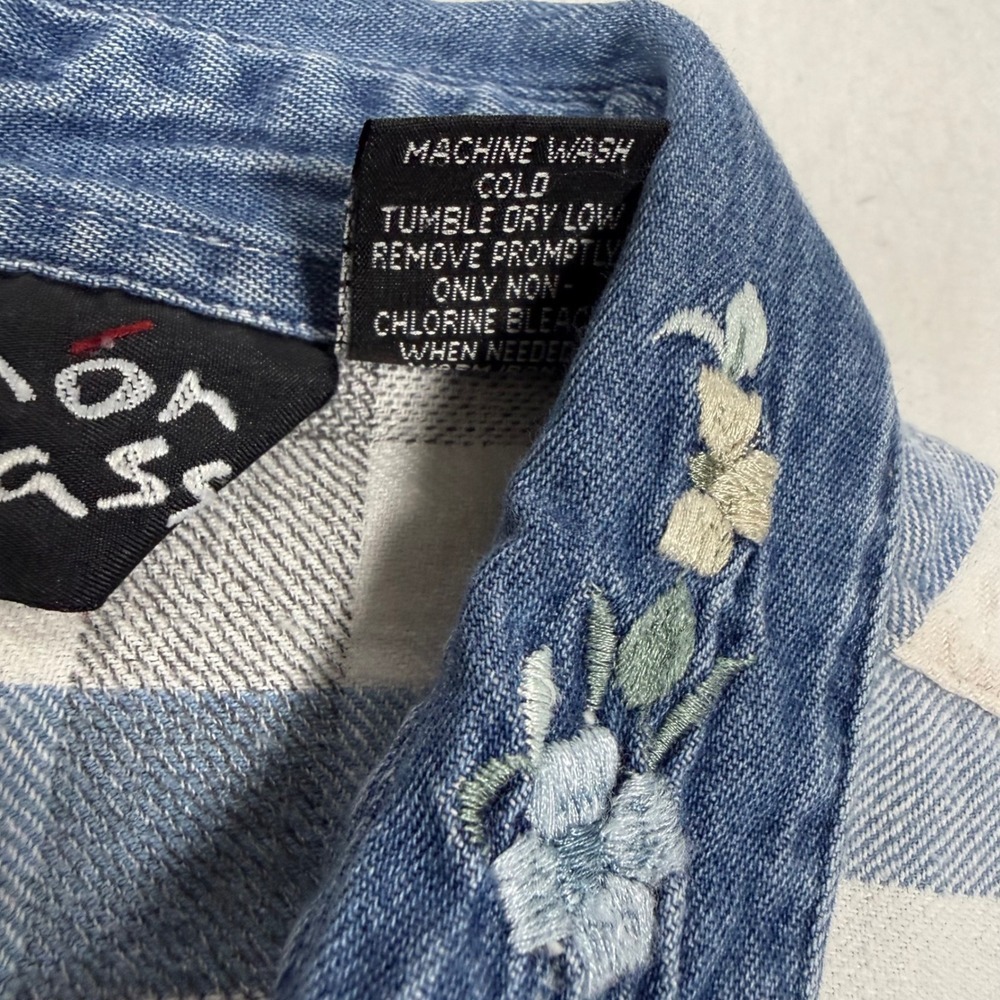 embroidered vintage Button Down Floral Denim MED Lemon Grass Women Plaid 90s - Picture 5 of 8
